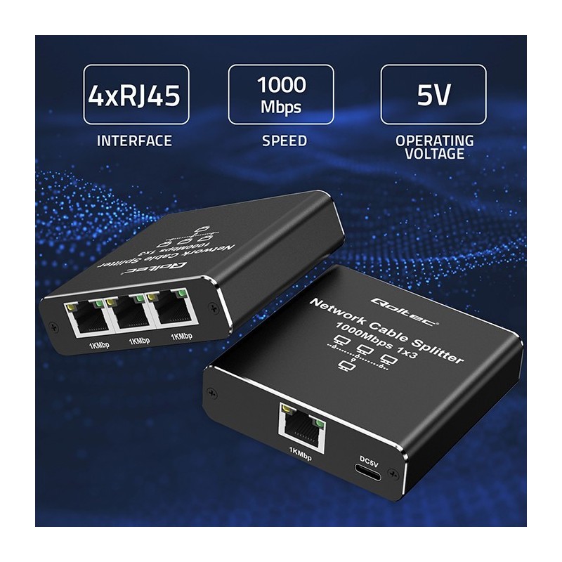 Rozdzielacz Splitter Ethernet mini SWITCH 1x3 RJ45 | 1000Mb/s |  USB-C | Aluminium 