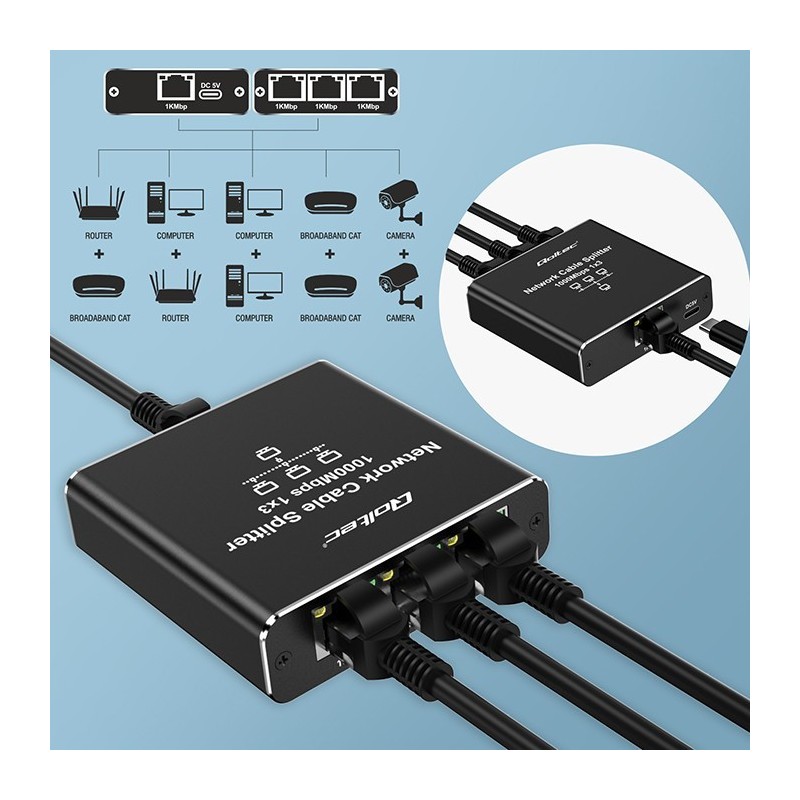 Rozdzielacz Splitter Ethernet mini SWITCH 1x3 RJ45 | 1000Mb/s |  USB-C | Aluminium 