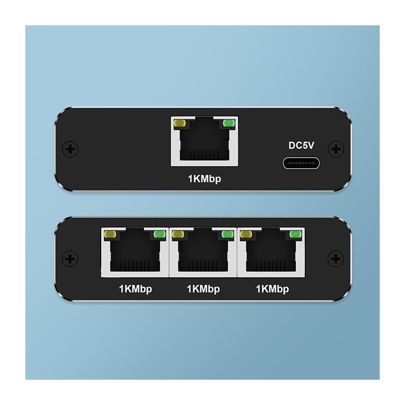 Rozdzielacz Splitter Ethernet mini SWITCH 1x3 RJ45 | 1000Mb/s |  USB-C | Aluminium 