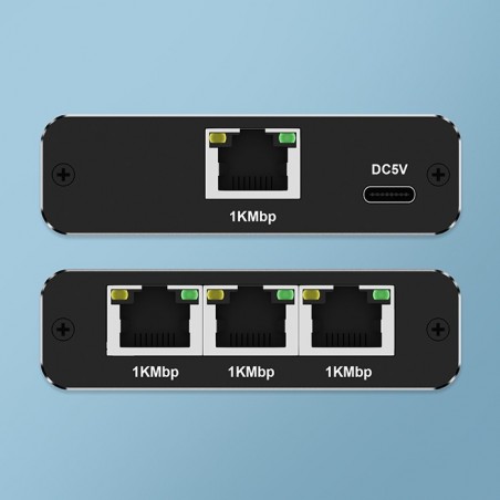 Rozdzielacz Splitter Ethernet mini SWITCH 1x3 RJ45 | 1000Mb/s | USB-C | Aluminium Rozdzielacz Splitter Ethernet mini SWITCH 1x3 RJ45 | 1000Mb/s | USB-C | Aluminium