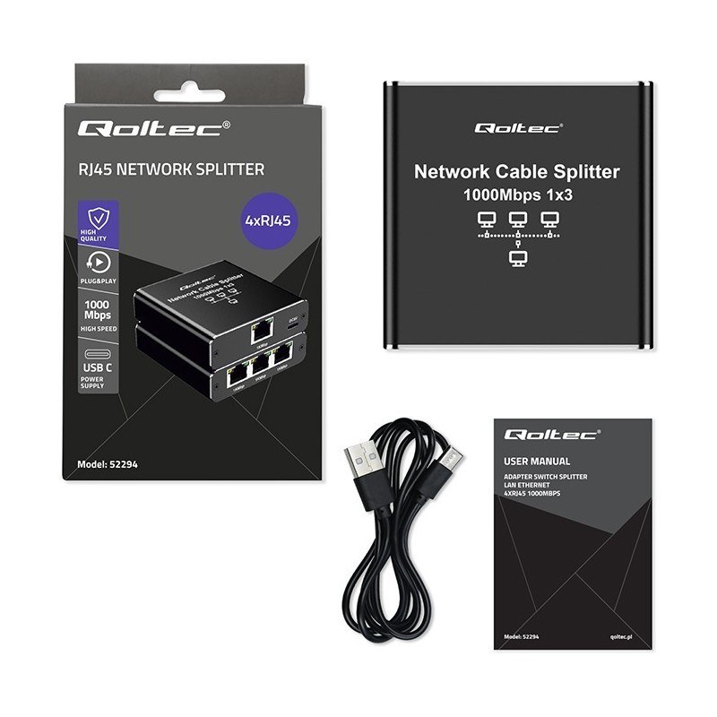 Rozdzielacz Splitter Ethernet mini SWITCH 1x3 RJ45 | 1000Mb/s |  USB-C | Aluminium 