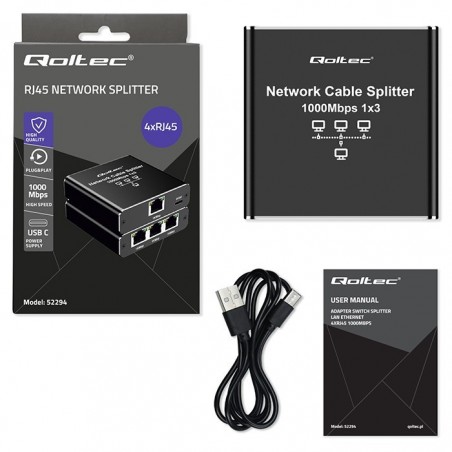 Rozdzielacz Splitter Ethernet mini SWITCH 1x3 RJ45 | 1000Mb/s | USB-C | Aluminium Rozdzielacz Splitter Ethernet mini SWITCH 1x3 RJ45 | 1000Mb/s | USB-C | Aluminium