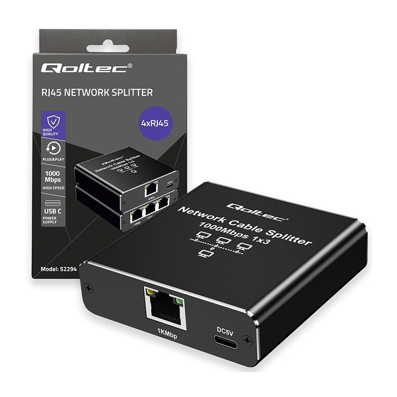 Rozdzielacz Splitter Ethernet mini SWITCH 1x3 RJ45 | 1000Mb/s |  USB-C | Aluminium 