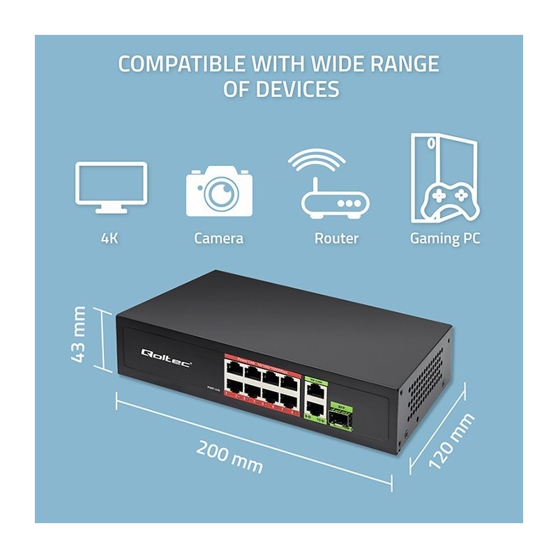 Przełącznik sieciowy SWITCH FAST Ethernet 8x RJ45 PoE 2x RJ45 Uplink 1x SFP | 120W | 1000Mb/s Przełącznik sieciowy SWITCH FAST Ethernet 8x RJ45 PoE 2x RJ45 Uplink 1x SFP | 120W | 1000Mb/s