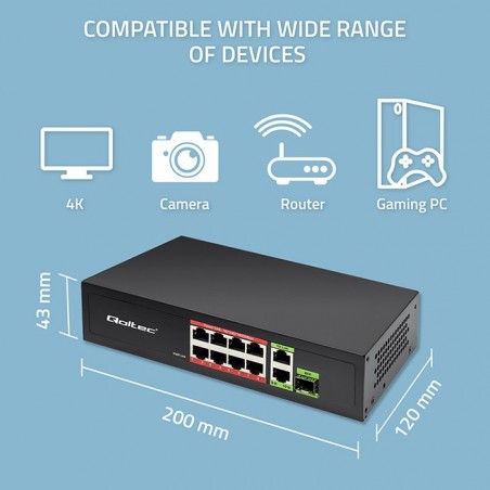 Przełącznik sieciowy SWITCH FAST Ethernet 8x RJ45 PoE 2x RJ45 Uplink 1x SFP | 120W | 1000Mb/s Przełącznik sieciowy SWITCH FAST Ethernet 8x RJ45 PoE 2x RJ45 Uplink 1x SFP | 120W | 1000Mb/s