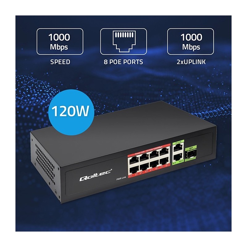 Przełącznik sieciowy SWITCH FAST Ethernet 8x RJ45 PoE 2x RJ45 Uplink 1x SFP | 120W | 1000Mb/s Przełącznik sieciowy SWITCH FAST Ethernet 8x RJ45 PoE 2x RJ45 Uplink 1x SFP | 120W | 1000Mb/s