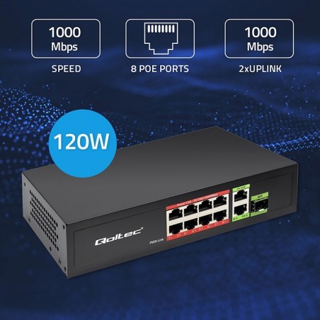 Przełącznik sieciowy SWITCH FAST Ethernet 8x RJ45 PoE 2x RJ45 Uplink 1x SFP | 120W | 1000Mb/s Przełącznik sieciowy SWITCH FAST Ethernet 8x RJ45 PoE 2x RJ45 Uplink 1x SFP | 120W | 1000Mb/s