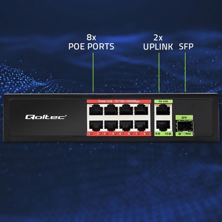Przełącznik sieciowy SWITCH FAST Ethernet 8x RJ45 PoE 2x RJ45 Uplink 1x SFP | 120W | 1000Mb/s Przełącznik sieciowy SWITCH FAST Ethernet 8x RJ45 PoE 2x RJ45 Uplink 1x SFP | 120W | 1000Mb/s