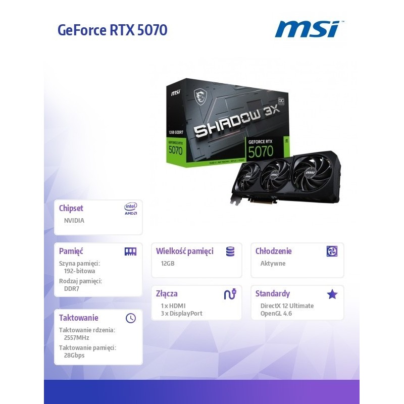 Karta graficzna GeForce RTX 5070 12G SHADOW 3X OC GDDR7 192bit HDMI/DP