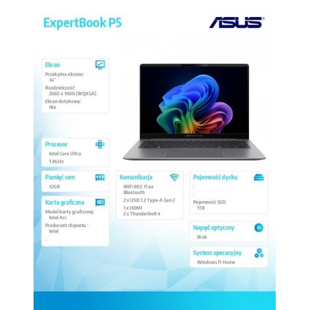 Notebook ExpertBook P5 P5405CSA-NZ0417W Ultra 7 258V 32GB/1TB Win 11Home/3YRS Notebook ExpertBook P5 P5405CSA-NZ0417W Ultra 7 258V 32GB/1TB Win 11Home/3YRS
