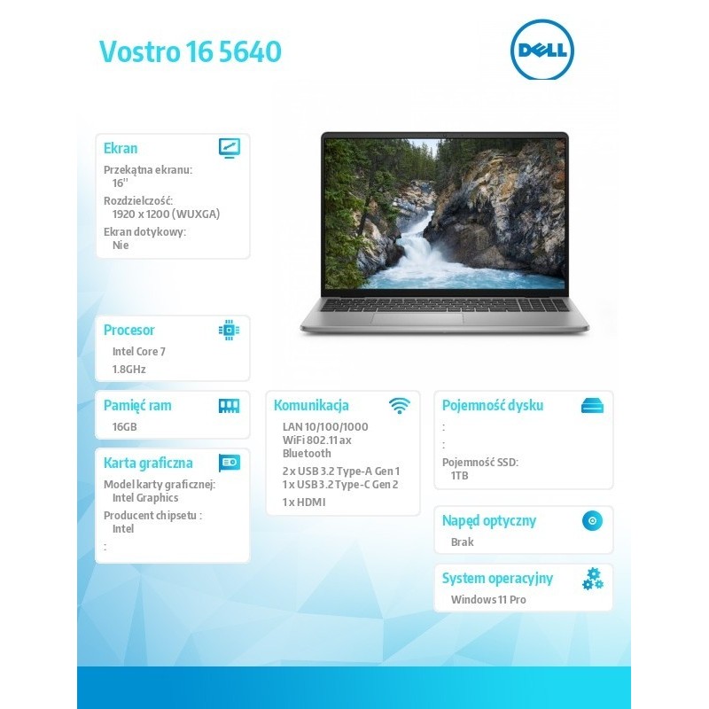 Laptop Vostro 16 (5640) Win11Pro 7-150U/16GB/1TB SSD/16.0 FHD+/Intel Graphics/FgrPr/WLAN + BT/Backlit Kb/4 Cell/3YPS Laptop Vostro 16 (5640) Win11Pro 7-150U/16GB/1TB SSD/16.0 FHD+/Intel Graphics/FgrPr/WLAN + BT/Backlit Kb/4 Cell/3YPS