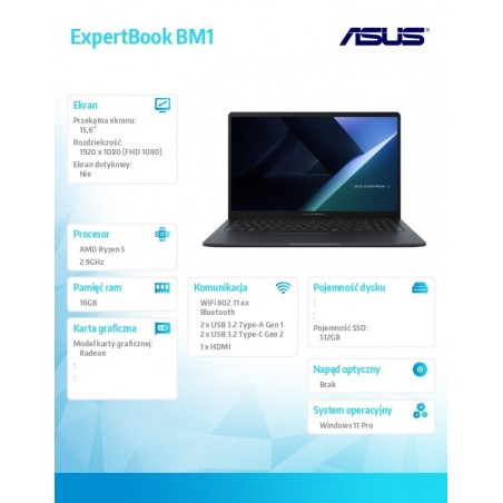 Notebook ExpertBook BM1 BM1503CDA-S70065X R5 7535U 16GB/512GB Notebook ExpertBook BM1 BM1503CDA-S70065X R5 7535U 16GB/512GB