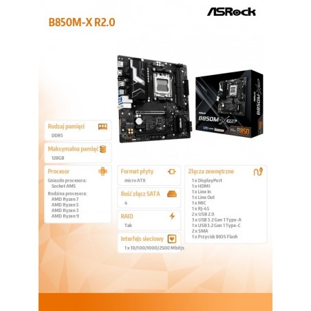 Płyta główna B850M-X R2.0 AM5 2DDR5 M.2 USBC mATX Płyta główna B850M-X R2.0 AM5 2DDR5 M.2 USBC mATX