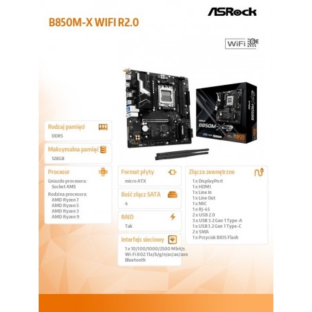 Płyta główna B850M-X WIFI R2.0 AM5 2DDR5 M.2 USBC mATX Płyta główna B850M-X WIFI R2.0 AM5 2DDR5 M.2 USBC mATX