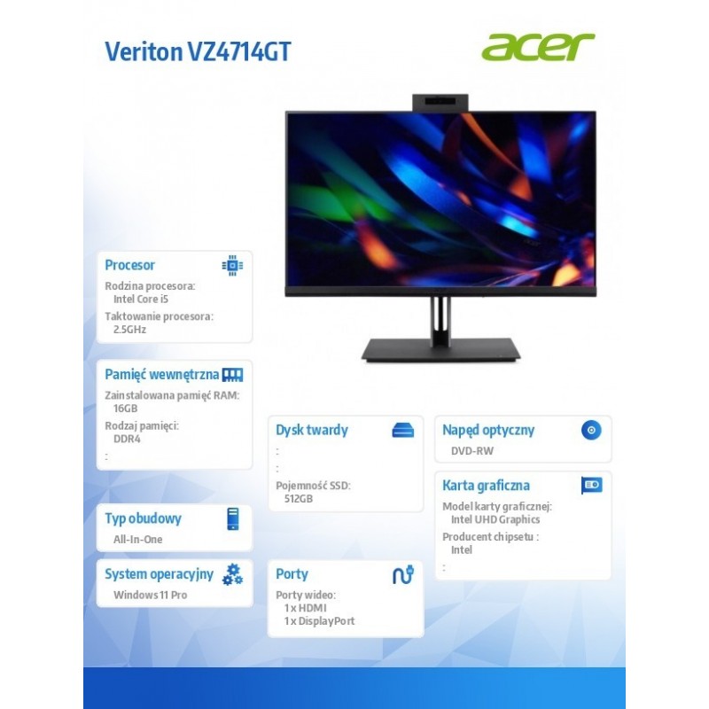 Komputer All-in-One Veriton VZ4714GT i5-13400/16GB/512GB/W11P Komputer All-in-One Veriton VZ4714GT i5-13400/16GB/512GB/W11P