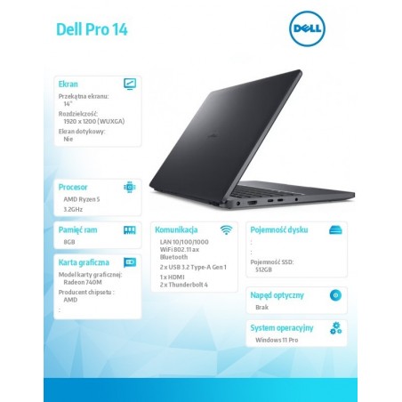 Laptop Dell Pro 14 PC14255/AMD Ryzen 5 220/8GB/512GB SSD/14.0 FHD+/Radeon 740M/FgrPr/FHD/IR Cam/Mic/WLAN + BT/Backlit Kb/3 Cell/ Laptop Dell Pro 14 PC14255/AMD Ryzen 5 220/8GB/512GB SSD/14.0 FHD+/Radeon 740M/FgrPr/FHD/IR Cam/Mic/WLAN + BT/Backlit Kb/3 Cell/
