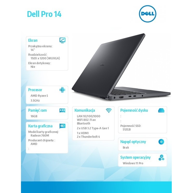 Laptop Dell Pro 14 PC14255/AMD Ryzen 5 PRO 230/16GB/512GB SSD/14.0 FHD+/Radeon 760M/FgrPr/FHD/IR Cam/Mic/WLAN+BT/Backlit Kb/3 Ce