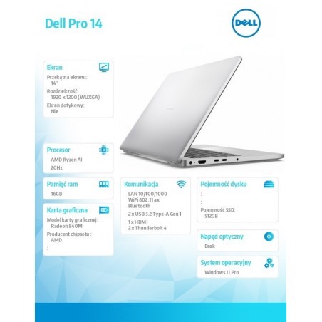Laptop Dell Pro 14 PC14255/AMD Ryzen AI 5 PRO 340/16GB/512GB SSD/14.0 FHD+/Radeon 840M/FgrPr/FHD/IR Cam/Mic/WLAN+BT/Backlit Kb/3 Laptop Dell Pro 14 PC14255/AMD Ryzen AI 5 PRO 340/16GB/512GB SSD/14.0 FHD+/Radeon 840M/FgrPr/FHD/IR Cam/Mic/WLAN+BT/Backlit Kb/3