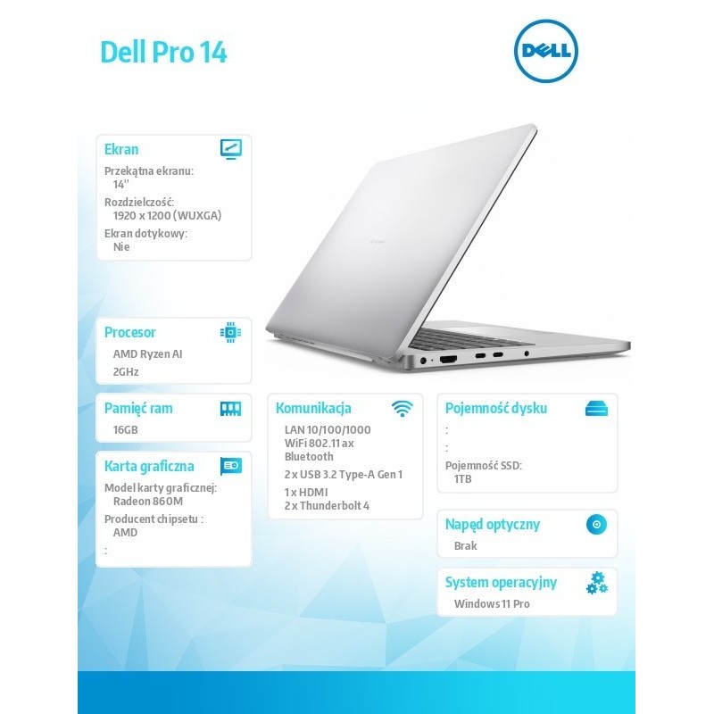 Laptop Dell Pro 14 PC14255/AMD Ryzen AI 7 PRO 350/16GB/1TB/14.0 FHD+/Radeon 860M/FgrPr/FHD/IR Cam/Mic/WLAN+BT/Backlit Kb/3 Cell/
