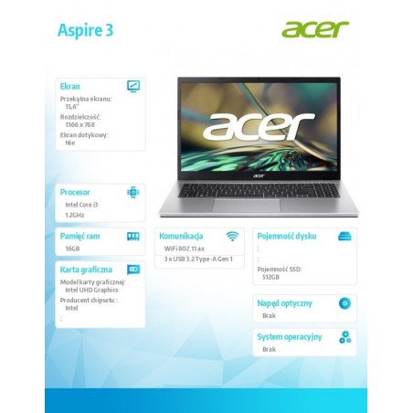 Notebook Aspire 3 A315-59-39DR i3-1215U, 15.6, 16GB DDR4 RAM, 512GB SSD, No OS, srebrny Notebook Aspire 3 A315-59-39DR i3-1215U, 15.6, 16GB DDR4 RAM, 512GB SSD, No OS, srebrny