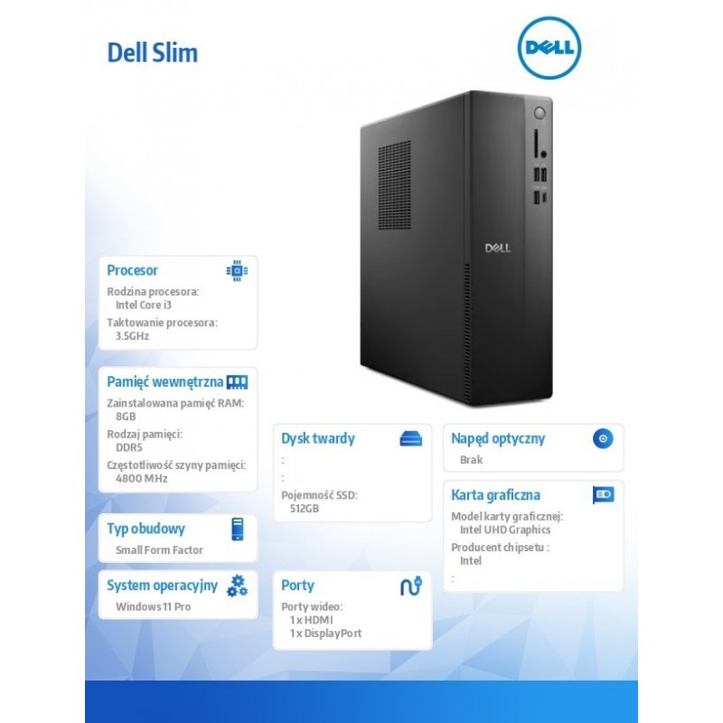 Komputer Dell Slim ECS1250 Win11Pro i3-14100/8GB/512GB SSD/Intel UHD 730/WLAN + BT/Kb/Mouse/3YPS Komputer Dell Slim ECS1250 Win11Pro i3-14100/8GB/512GB SSD/Intel UHD 730/WLAN + BT/Kb/Mouse/3YPS