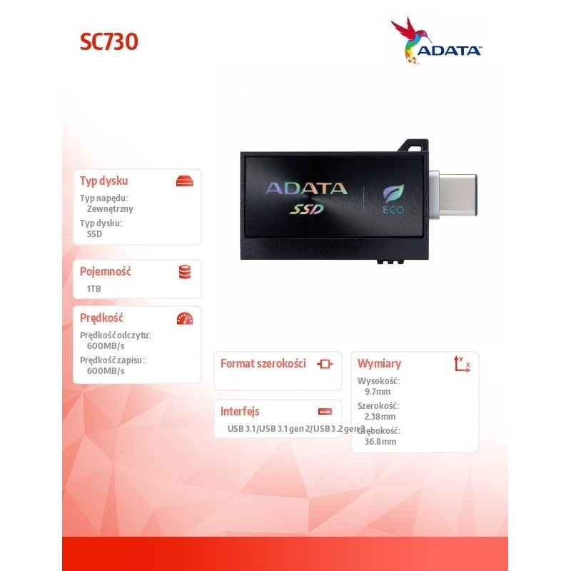 Dysk zewnętrzny SSD SC730 1TB USB 3.2C/A 600/600MB/s czarny