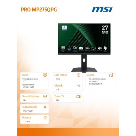 Monitor PRO MP275QPG 27 cali LED/WQHD/Flat/100Hz/Black Monitor PRO MP275QPG 27 cali LED/WQHD/Flat/100Hz/Black