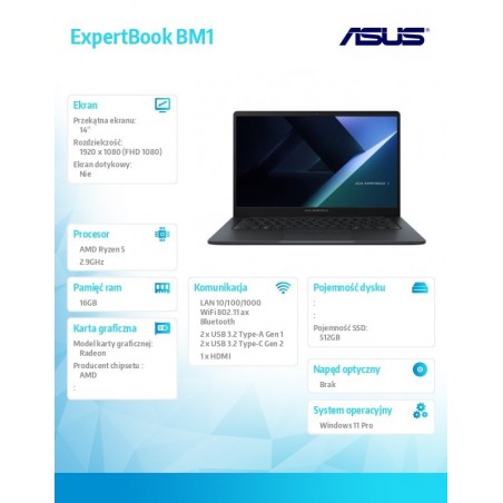 Notebook ExpertBook BM1 BM1403CDA-S60101X - R5 7535U/16GB/512GB/14 FHD/Win 11 PRO/3YRS Notebook ExpertBook BM1 BM1403CDA-S60101X - R5 7535U/16GB/512GB/14 FHD/Win 11 PRO/3YRS