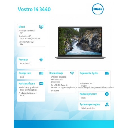 Notebook Vostro 14 (3440) Win11Pro i3-1305U/8GB/512GB SSD/14.0 FHD+/Intel UHD/FgrPr/Cam & Mic/WLAN + BT/Backlit Kb/3 Cell/3YPS Notebook Vostro 14 (3440) Win11Pro i3-1305U/8GB/512GB SSD/14.0 FHD+/Intel UHD/FgrPr/Cam & Mic/WLAN + BT/Backlit Kb/3 Cell/3YPS