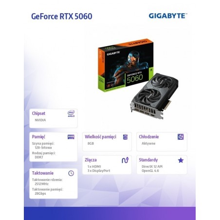 Karta graficzna GeForce RTX 5060 WINDFORCE OC 8G GDDR7 3DP/HDMI Karta graficzna GeForce RTX 5060 WINDFORCE OC 8G GDDR7 3DP/HDMI
