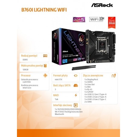 Płyta główna B760I LIGHTNING WIFI s1700 2DDR5 mITX DP/HDMI Płyta główna B760I LIGHTNING WIFI s1700 2DDR5 mITX DP/HDMI