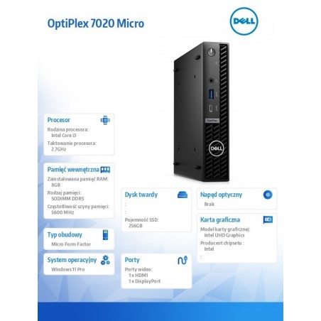 Komputer Optiplex MFF/Core i3-14100T/8GB/256GB SSD/Integrated/WLAN + BT/Kb/Mouse/W11Pro Komputer Optiplex MFF/Core i3-14100T/8GB/256GB SSD/Integrated/WLAN + BT/Kb/Mouse/W11Pro