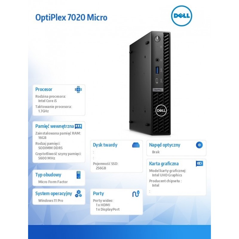 Komputer Optiplex MFF/Core i5-14500T/16GB/256GB SSD/Integrated/WLAN + BT/Kb/Mouse/W11Pro