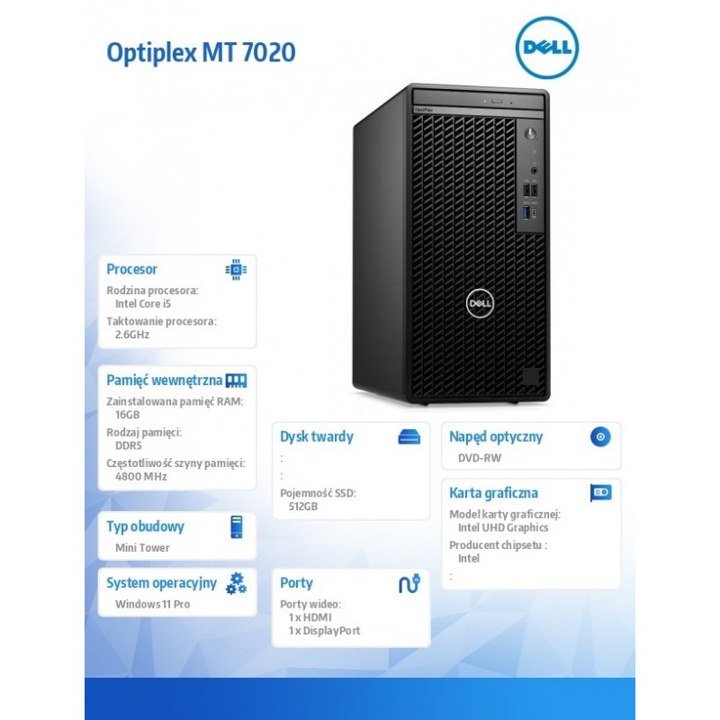 Komputer Optiplex MT/Core i5-14500/16GB/512GB SSD/Integrated/DVD RW/No Wifi/Kb/Mouse/W11Pro