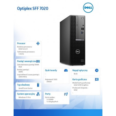 Komputer Optiplex SFF/Core i3-14100/8GB/256GB SSD/Integrated/WLAN + BT/Kb/Mouse/W11Pro Komputer Optiplex SFF/Core i3-14100/8GB/256GB SSD/Integrated/WLAN + BT/Kb/Mouse/W11Pro