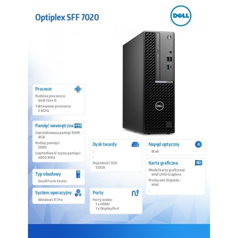 Komputer Optiplex SFF/Core i5-14500/8GB/512GB SSD/Integrated/WLAN + BT/Kb/Mouse/W11Pro