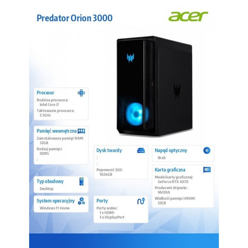 Komputer PO3-655 / Intel Core i7-14700F RTX4070 W11H Komputer PO3-655 / Intel Core i7-14700F RTX4070 W11H