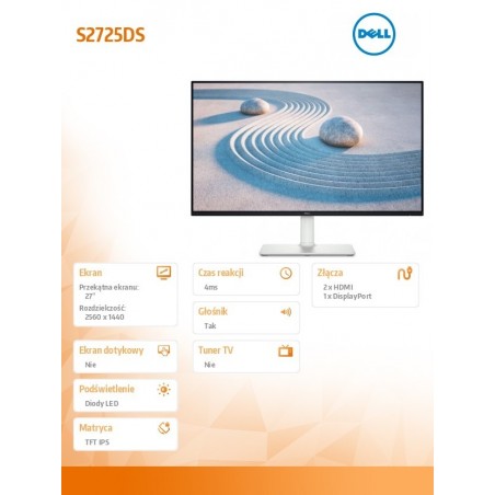 Monitor 27 cali S2725DS IPS LED 100Hz QHD (2560x1440)/16:9/2xHDMI/DP/Speakers/fully adjustable stand/3Y Monitor 27 cali S2725DS IPS LED 100Hz QHD (2560x1440)/16:9/2xHDMI/DP/Speakers/fully adjustable stand/3Y