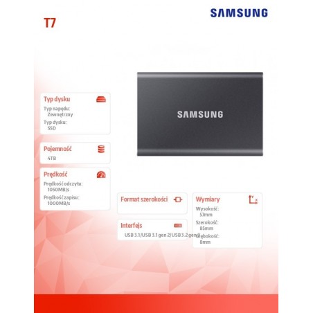 Dysk SSD Portable T7 4TB USB3.2 Gen.2 szary Dysk SSD Portable T7 4TB USB3.2 Gen.2 szary