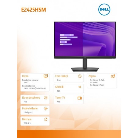 Monitor E2425HSM 23.8 cala VA LED Full HD (1920x1080)/16:9/DP/HDMI/VGA/Głośniki/3Y Monitor E2425HSM 23.8 cala VA LED Full HD (1920x1080)/16:9/DP/HDMI/VGA/Głośniki/3Y
