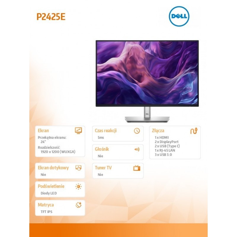 Monitor 24 cale P2425E 16:10 WUXGA/HDMI/USBC/DP/RJ45/USB/3Y  Monitor 24 cale P2425E 16:10 WUXGA/HDMI/USBC/DP/RJ45/USB/3Y