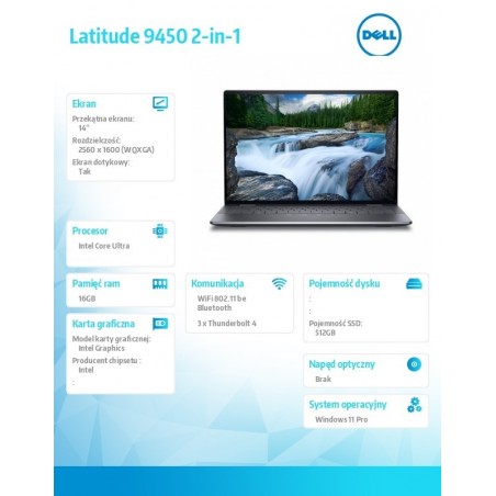 Notebook Latitude 9450 2in1 Win11Pro Ultra 7 165U/16GB/512GB SSD Gen4/14.0 QHD+ Touch/Int/FgrPr/FHD/IR Cam/Mic/WLAN+BT/Backlit K Notebook Latitude 9450 2in1 Win11Pro Ultra 7 165U/16GB/512GB SSD Gen4/14.0 QHD+ Touch/Int/FgrPr/FHD/IR Cam/Mic/WLAN+BT/Backlit K