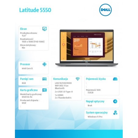 Notebook Latitude 5550 Win11Pro i5-1335U/8GB/512GB SSD Gen4/15.6 FHD/Intel Iris Xe/FgrPr&SmtCd/FHD/IR Cam/Mic/WLAN+BT/Backlit Kb Notebook Latitude 5550 Win11Pro i5-1335U/8GB/512GB SSD Gen4/15.6 FHD/Intel Iris Xe/FgrPr&SmtCd/FHD/IR Cam/Mic/WLAN+BT/Backlit Kb