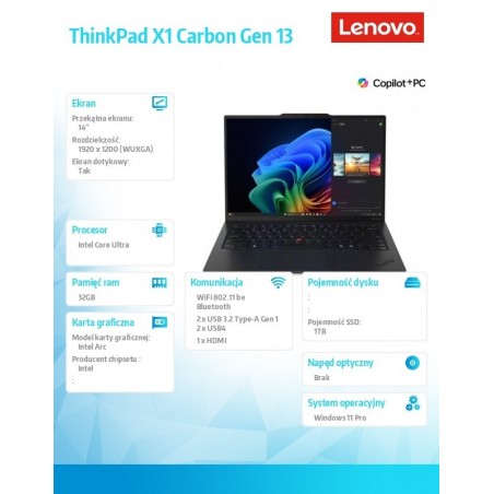 Ultrabook Thinkpad X1 Carbon G13 21NS004NPB W11Pro Ultra 7 258V/32GB/1TB/INT/14.0 WUXGA/Touch/Black/3YRS Premier Support + CO2 Ultrabook Thinkpad X1 Carbon G13 21NS004NPB W11Pro Ultra 7 258V/32GB/1TB/INT/14.0 WUXGA/Touch/Black/3YRS Premier Support + CO2
