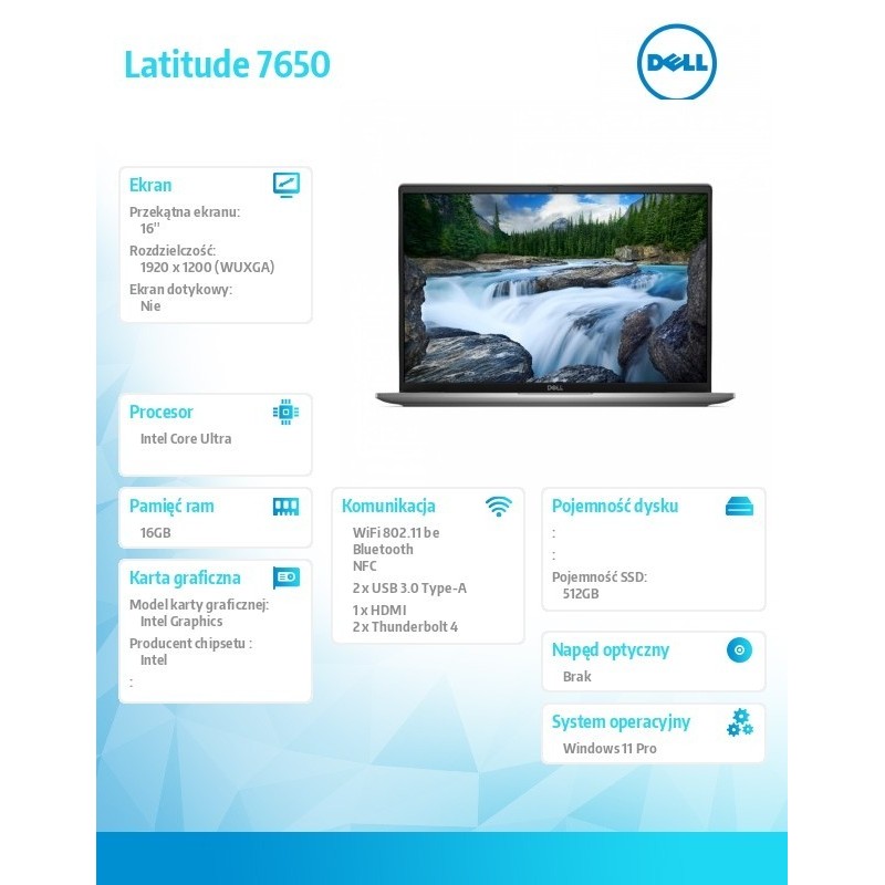 Notebook Latitude 7650 Win11Pro Ultra 7 155U/16GB/512GB SSD Gen4/16 FHD+/Int/FgrPr&SmtCd/FHD/IR Cam/Mic/WLAN+BT/Backlit Kb/3C/3Y