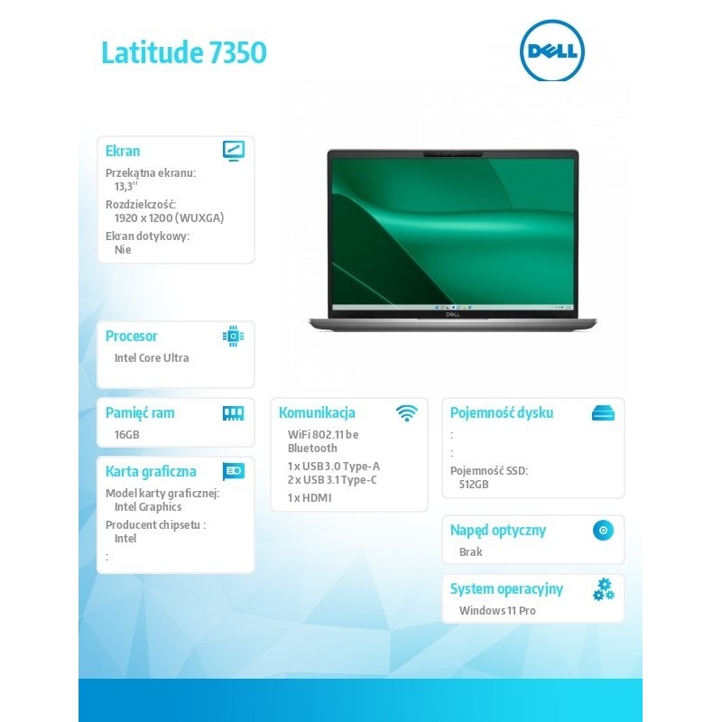 Notebook Latitude 7350 Win11Pro Ultra 7 165U/16GB/512GB SSD/13.3'FHD+/Intel Graphics/FgrPr&SmtCd/FHD/IR Cam/Mic/WLAN+BT/Backlit Notebook Latitude 7350 Win11Pro Ultra 7 165U/16GB/512GB SSD/13.3'FHD+/Intel Graphics/FgrPr&SmtCd/FHD/IR Cam/Mic/WLAN+BT/Backlit