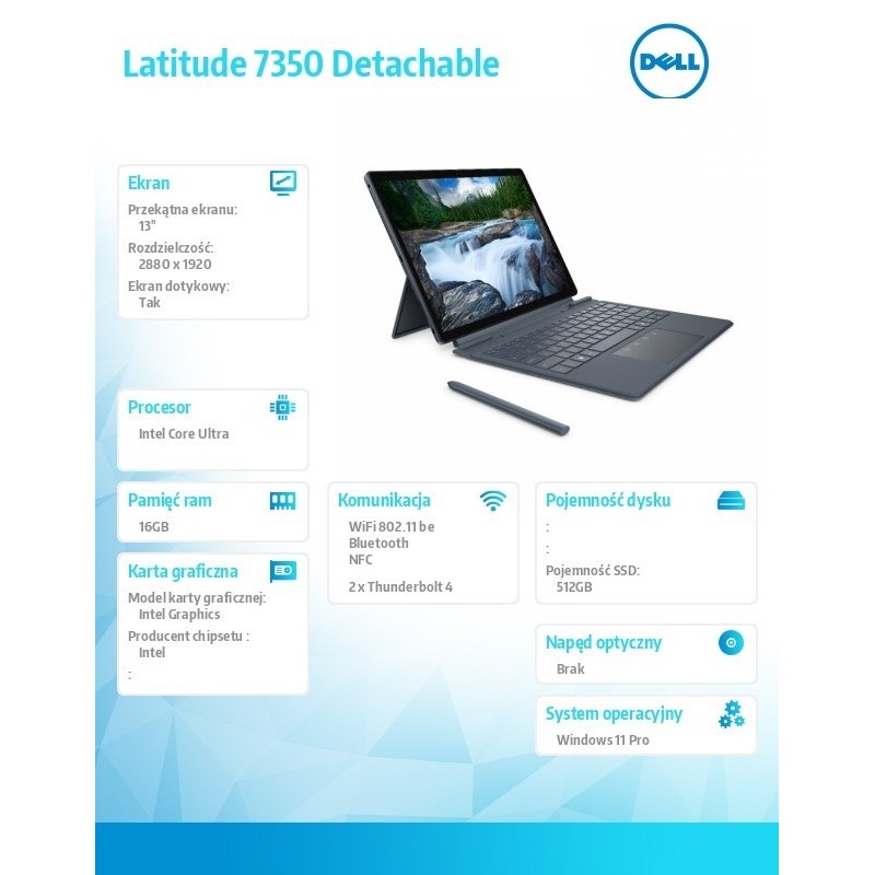Notebook Latitude 7350 Det W11P Ultra 7 164U/16GB/512GB SSD Gen4/13' 3K Touch/Intel Graph/FgrPr&SmtCd/IR Cam/Mic/WLAN+BT/Detach 