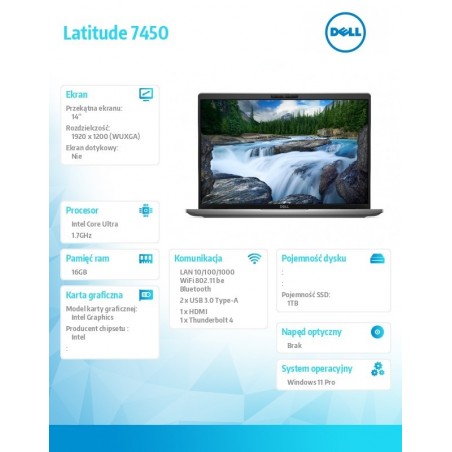 Notebook Latitude 7450 Win11Pro Ultra 7 155U/16GB/1TB SSD/14.0 FHD+ 250nits/Intel Graph/FgrPr&SmtCd/FHD/IR Cam/Mic/WLAN+BT/Backl Notebook Latitude 7450 Win11Pro Ultra 7 155U/16GB/1TB SSD/14.0 FHD+ 250nits/Intel Graph/FgrPr&SmtCd/FHD/IR Cam/Mic/WLAN+BT/Backl