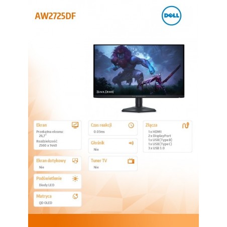 Monitor AW2725DF 27 cali AMD FreeSync/QD-OLED/360Hz/QHD(2560x1440)/16:9/DP/HDMI/USB-C/USB/3Y Monitor AW2725DF 27 cali AMD FreeSync/QD-OLED/360Hz/QHD(2560x1440)/16:9/DP/HDMI/USB-C/USB/3Y
