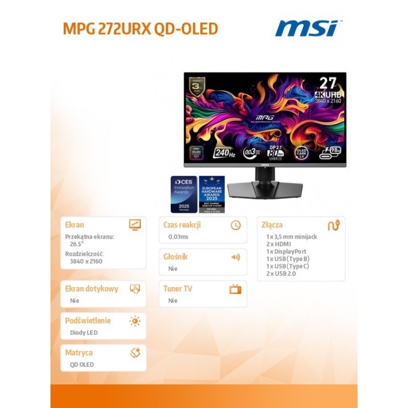 Monitor MPG 272URX QD-OLED LED/UHD/FLAT/240Hz/26.5cala/Black Monitor MPG 272URX QD-OLED LED/UHD/FLAT/240Hz/26.5cala/Black